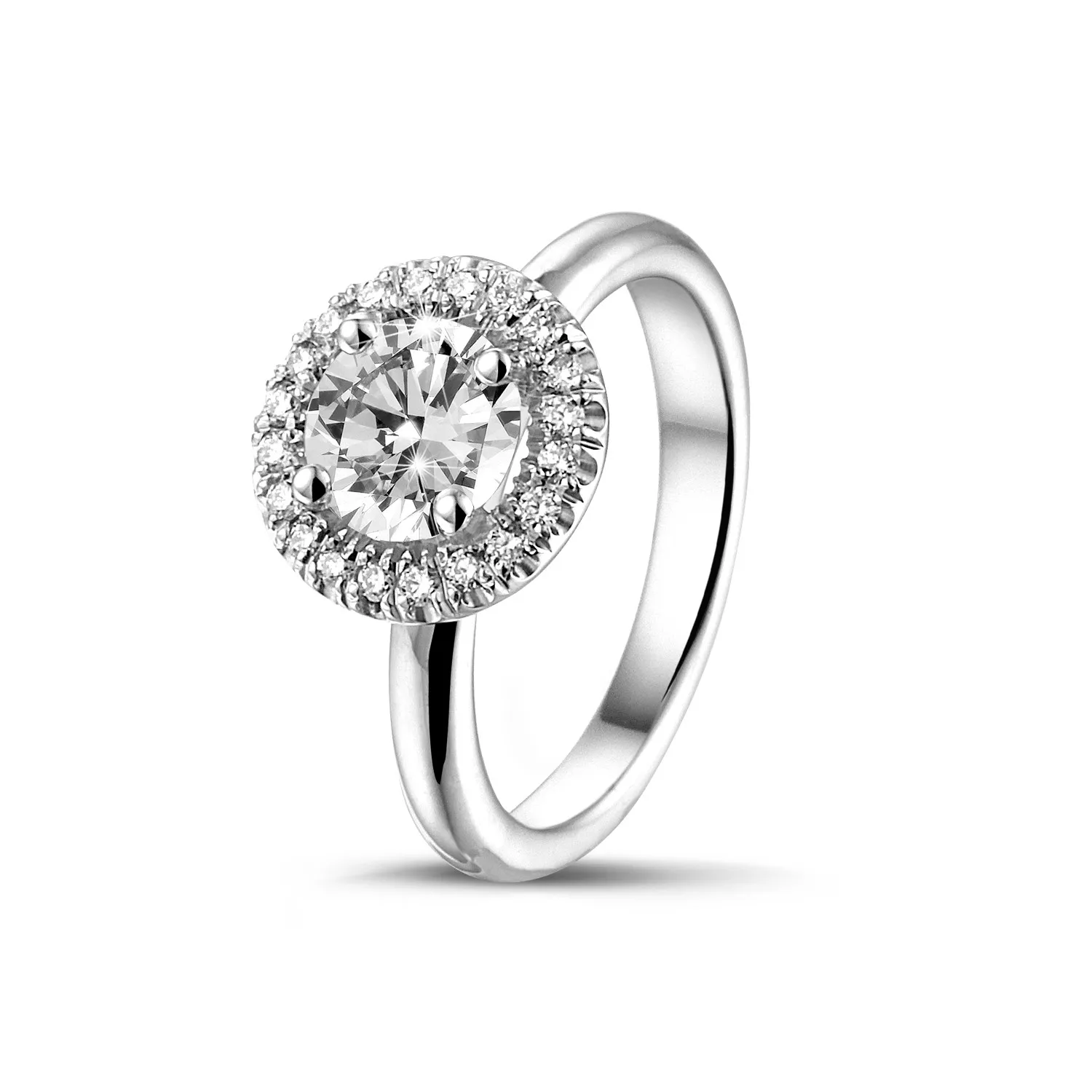 0.90 quilates halo anillo solitario en oro blanco con diamantes redondos 