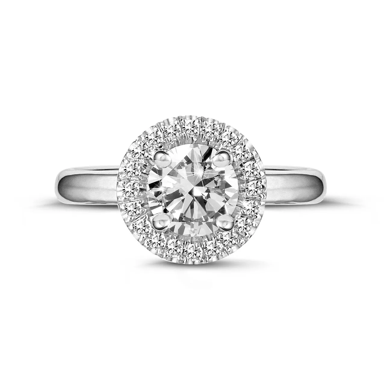 0.90 quilates halo anillo solitario en oro blanco con diamantes redondos 