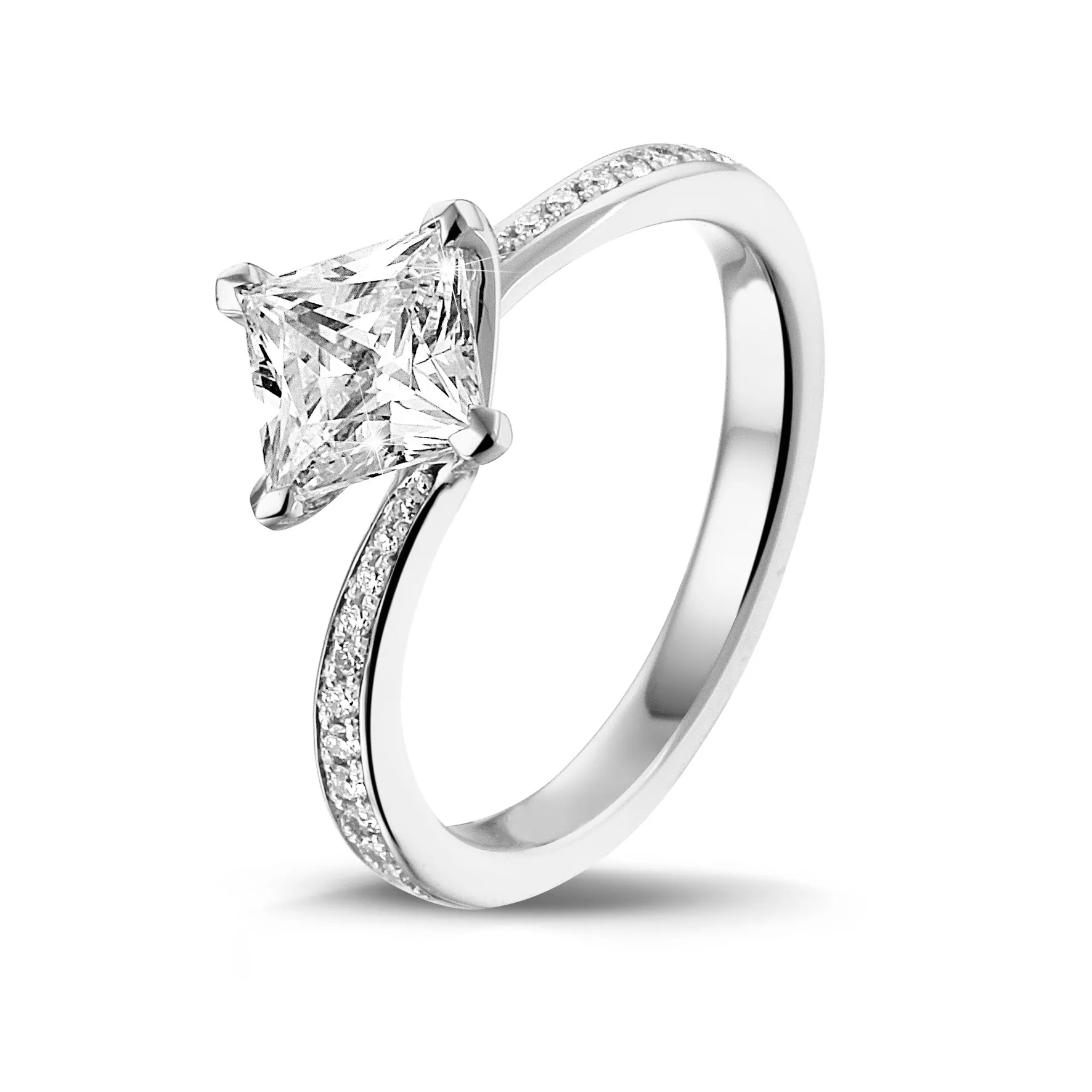 2.50 quilates anillo solitario en platino con diamante talla princesa y diamantes laterales 