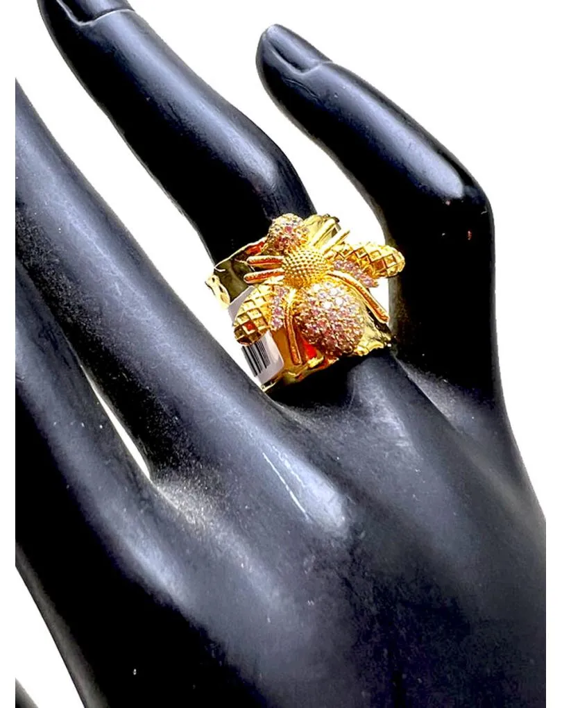 ANILLO ANCHO MUJER DORADO BAÑADO EN ORO CON ABEJA ADORNADA CON CIRCONITAS