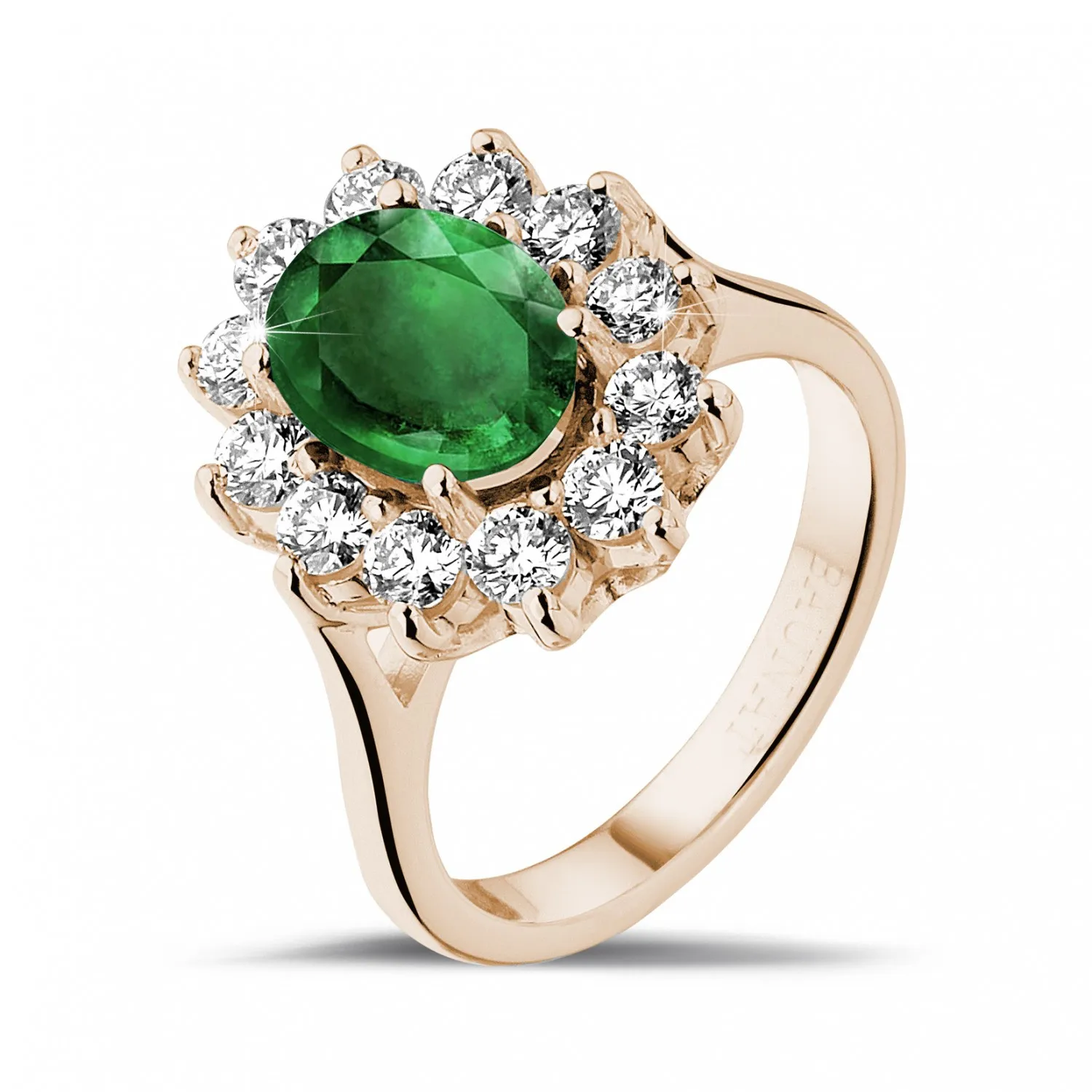 Anillo « entourage » en oro rojo con esmeralda ovalada y diamantes redondos 