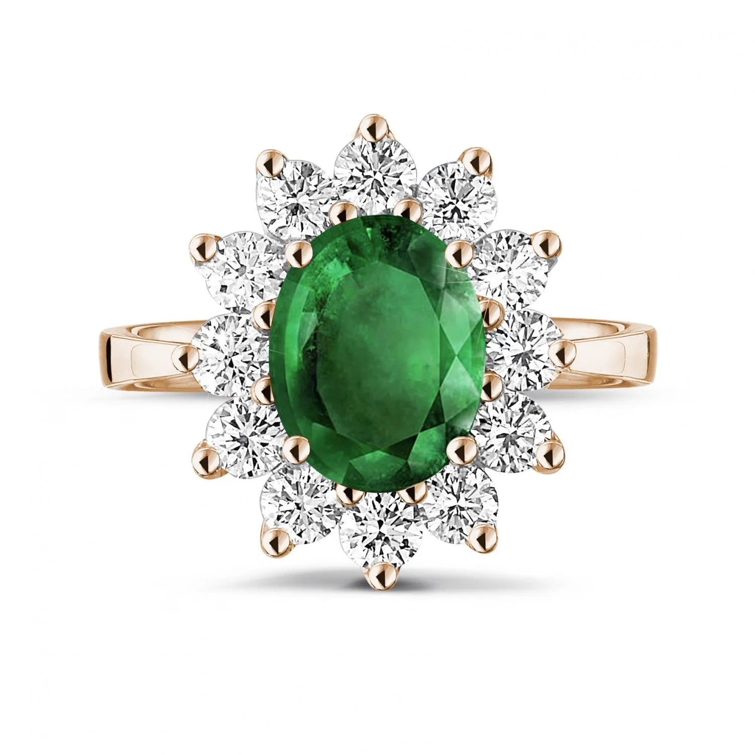 Anillo « entourage » en oro rojo con esmeralda ovalada y diamantes redondos 