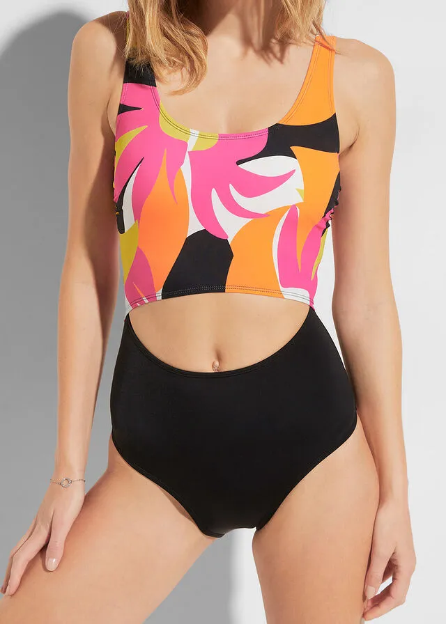 Bañador moldeador de poliamida reciclada con ligero efecto moldeador Negro con estampado gráfico