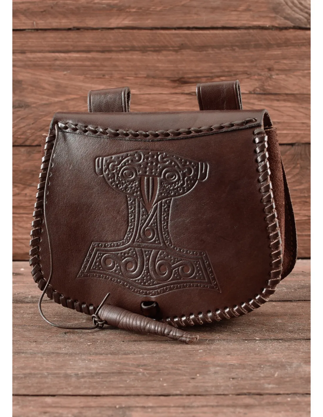 Bolsa Vikinga martillo de Thor en piel marrón, para llevar en el cinturón