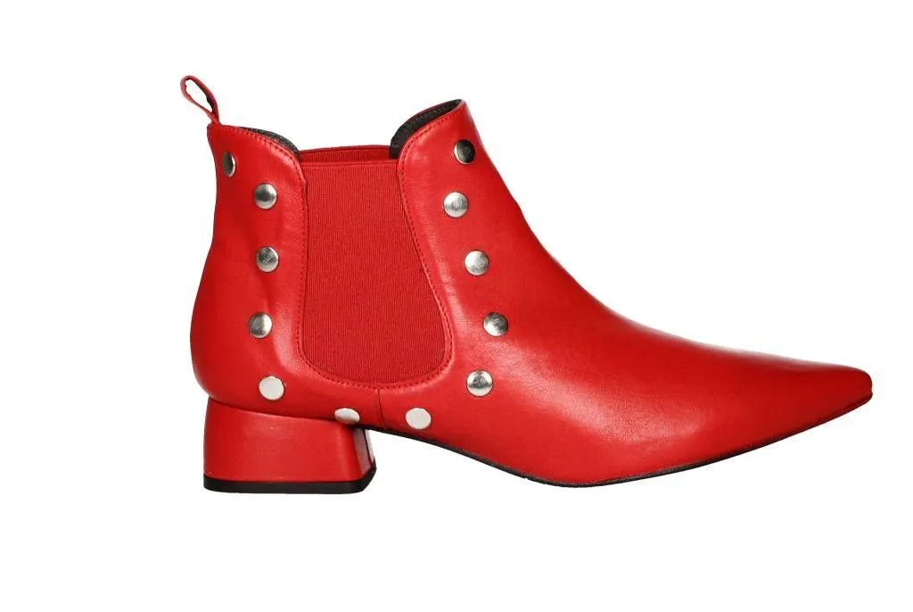 Botin Piel Rojo Elasticos Laterales Tachas Plata