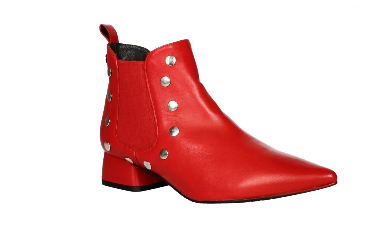 Botin Piel Rojo Elasticos Laterales Tachas Plata