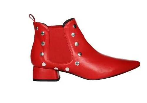 Botin Piel Rojo Elasticos Laterales Tachas Plata