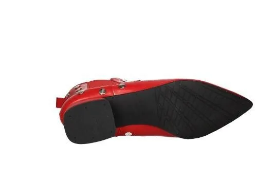 Botin Piel Rojo Elasticos Laterales Tachas Plata