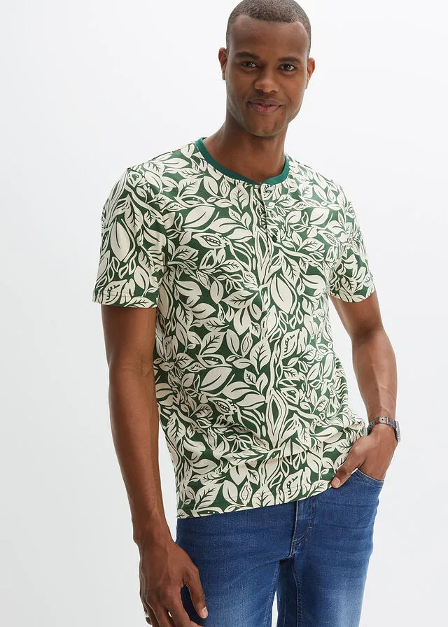 Camiseta de manga corta con cuello henley Verde oscuro estampado