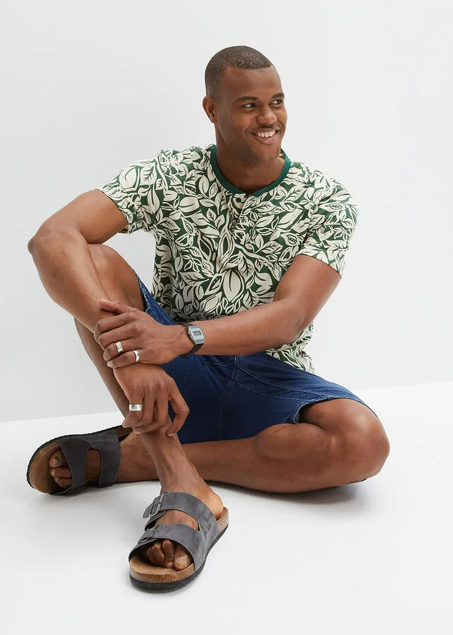 Camiseta de manga corta con cuello henley Verde oscuro estampado