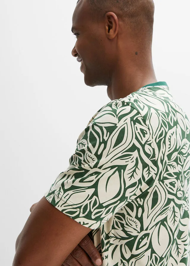 Camiseta de manga corta con cuello henley Verde oscuro estampado
