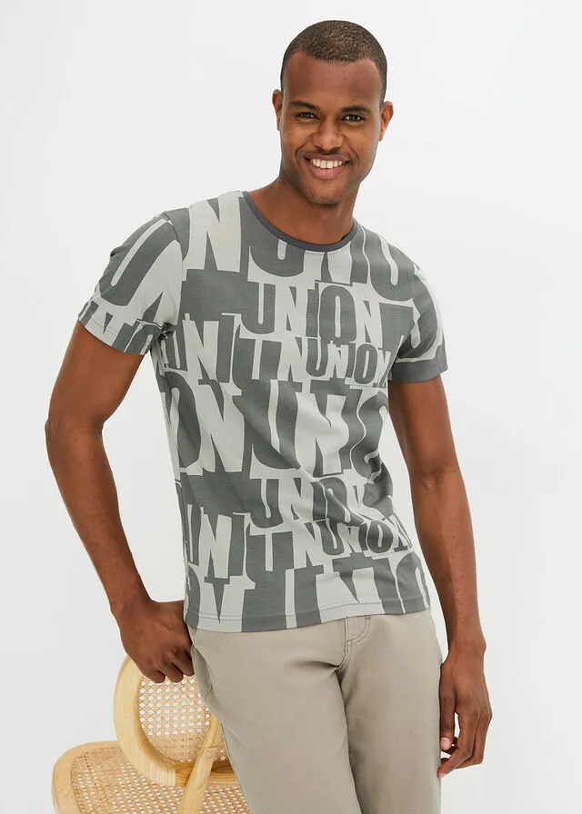 Camiseta, slim fit Gris neutro/antracita estampado