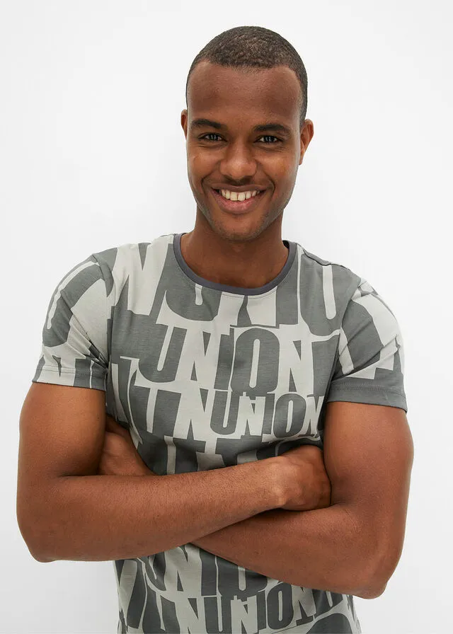 Camiseta, slim fit Gris neutro/antracita estampado
