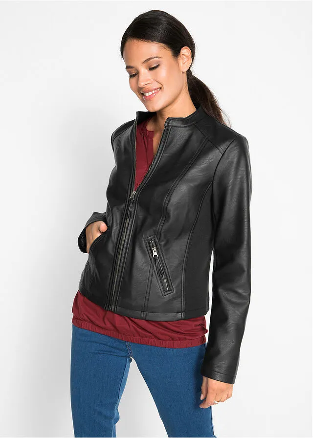 Chaqueta de piel sintética con insertos elásticos laterales Negro