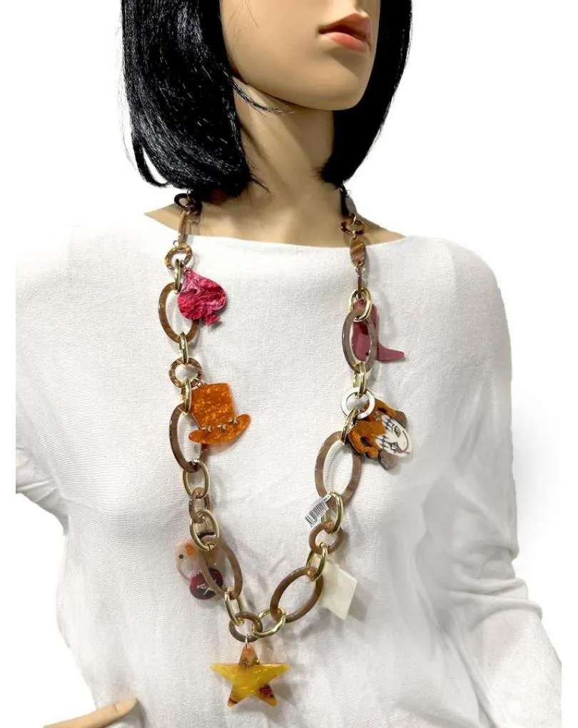COLLARES MARRONES Y NARANJAS CON ARLEQUIN Y CARTAS PARA LOOK DE DIA
