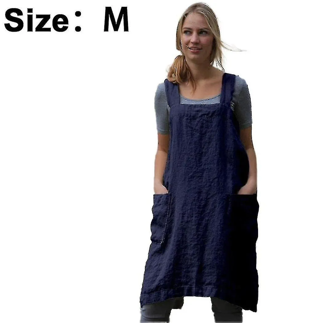 Delantal de lino de algodón Cruz delantal trasero para mujeres con bolsillos Vestido de pinafore para cocinar al horno