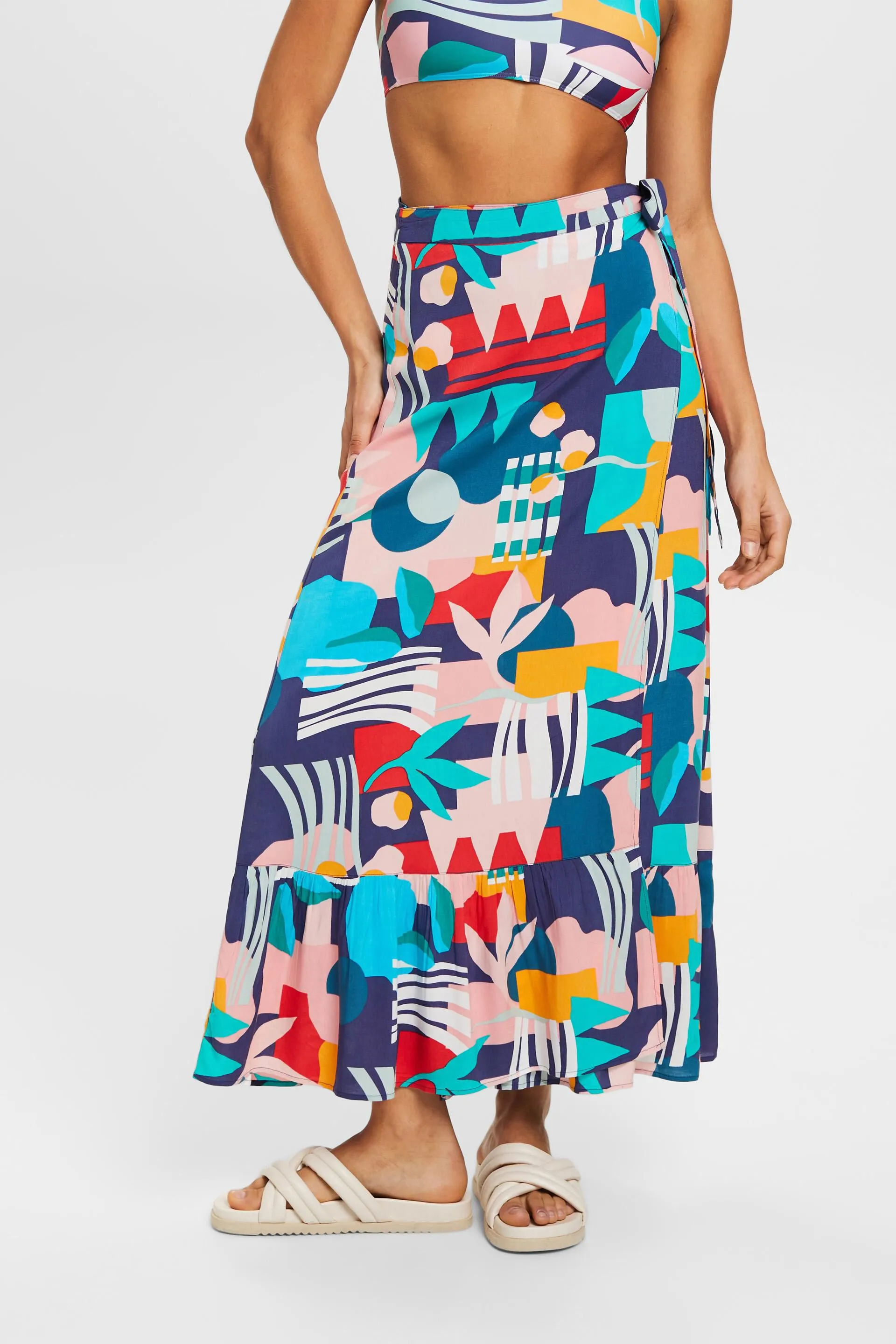Falda con efecto cruzado y estampado multicolor