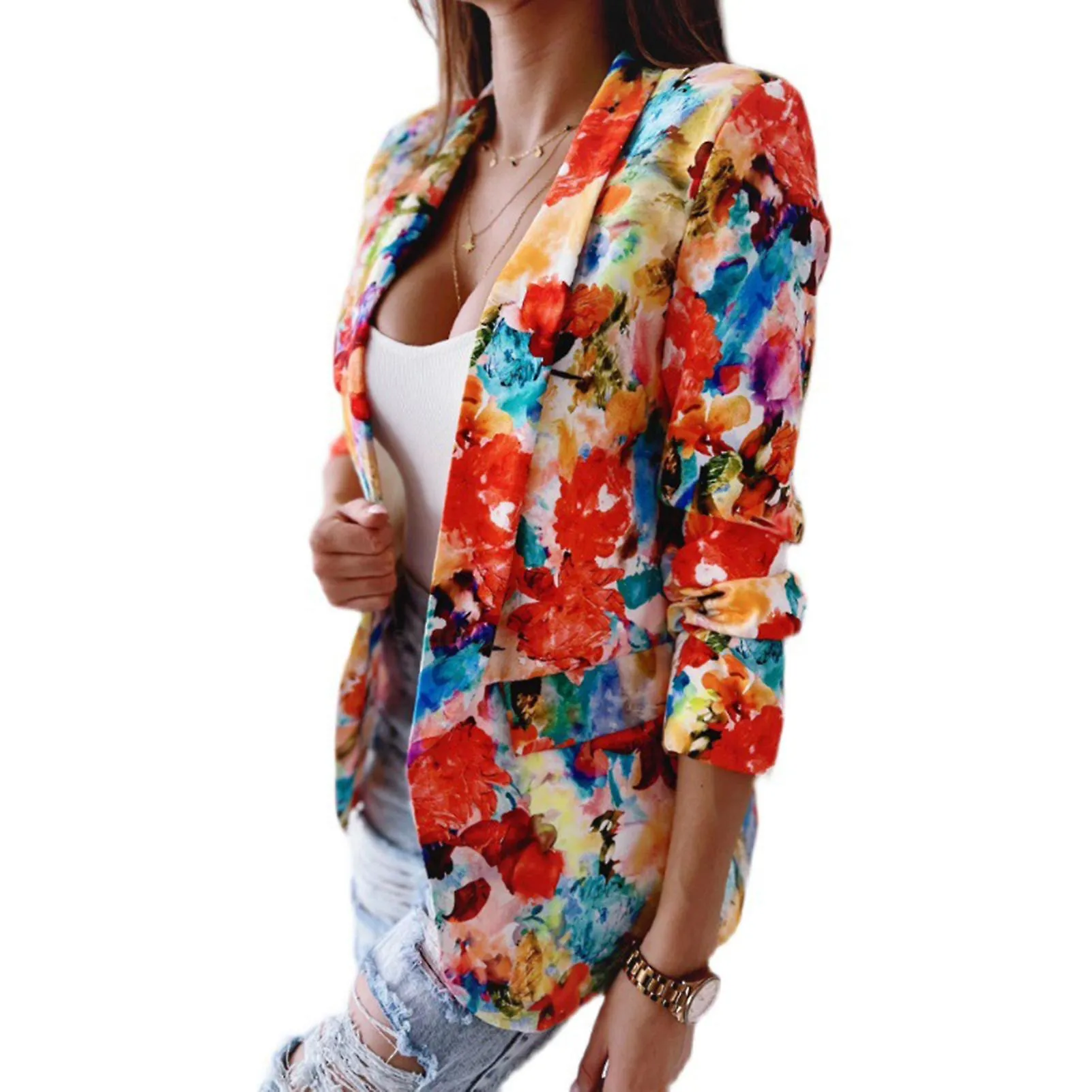 Fianao Office Lady Blazer Estampado Colorido Slim Primavera Otoño Bolsillos Falsos Chaqueta Traje Floral