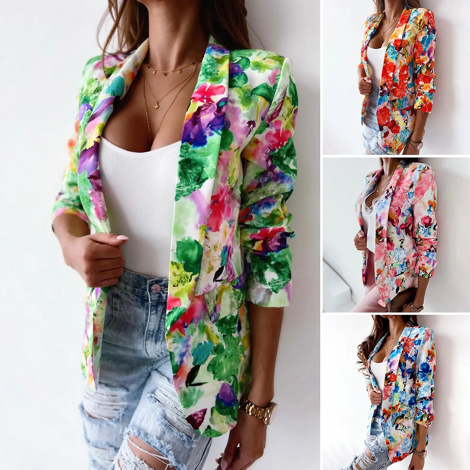 Fianao Office Lady Blazer Estampado Colorido Slim Primavera Otoño Bolsillos Falsos Chaqueta Traje Floral