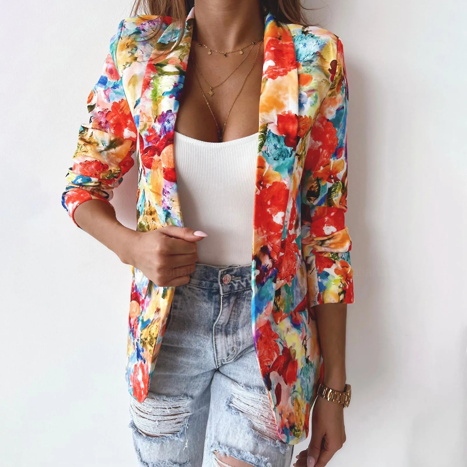 Fianao Office Lady Blazer Estampado Colorido Slim Primavera Otoño Bolsillos Falsos Chaqueta Traje Floral