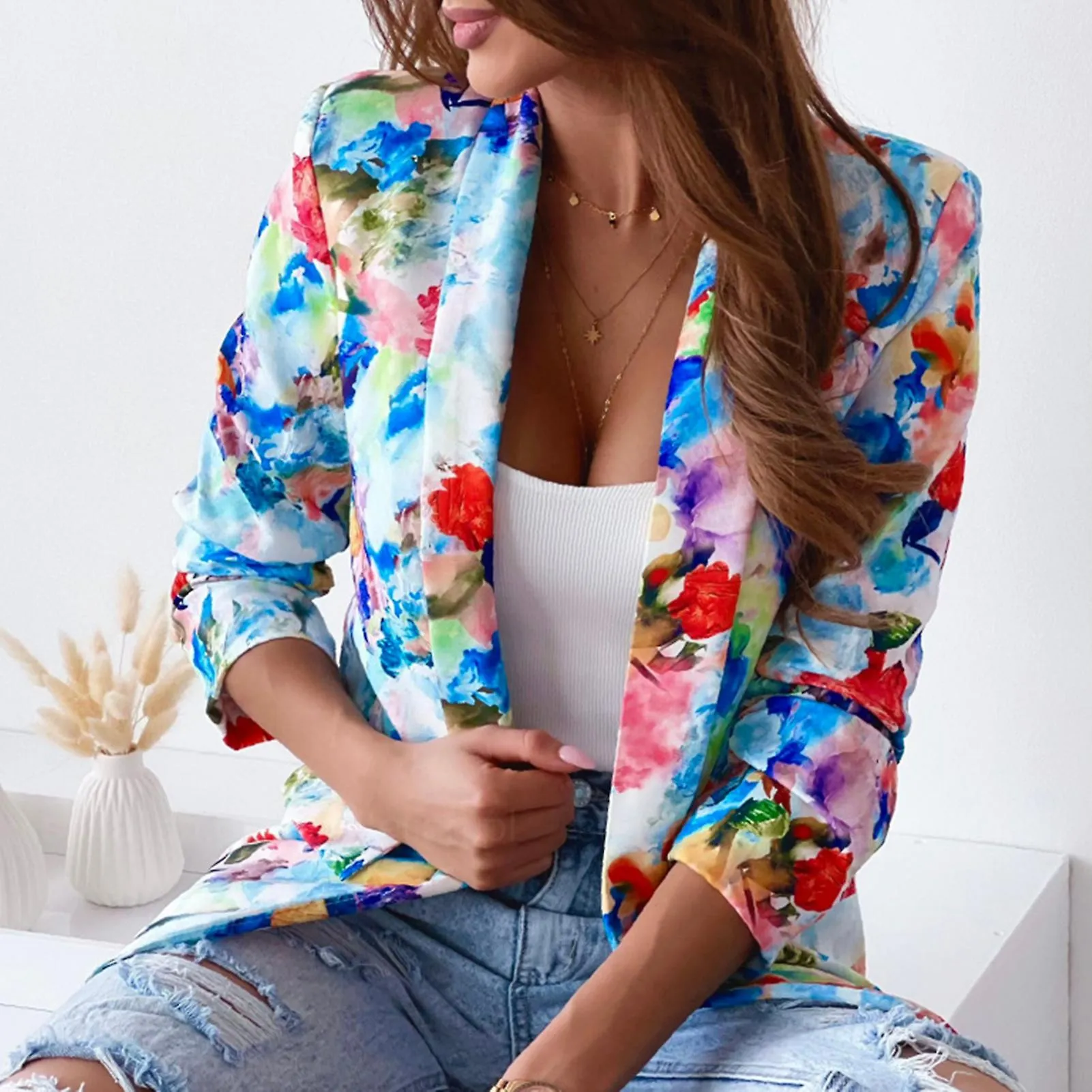 Fianao Office Lady Blazer Estampado Colorido Slim Primavera Otoño Bolsillos Falsos Chaqueta Traje Floral