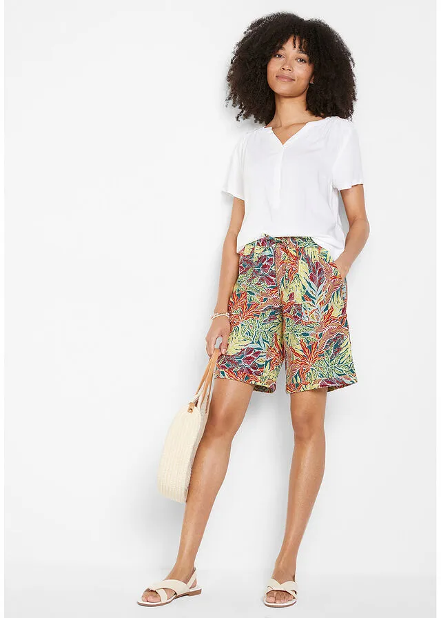 Holgadas bermudas estampadas con lino Azul petróleo estampado