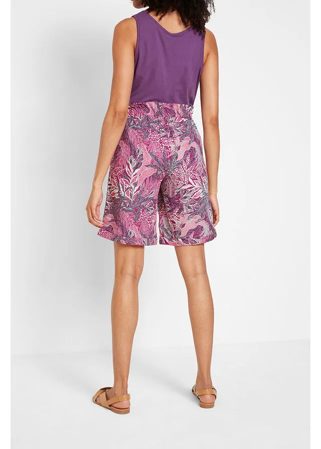 Holgadas bermudas estampadas con lino Orquídea púrpura estampado