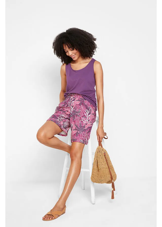 Holgadas bermudas estampadas con lino Orquídea púrpura estampado