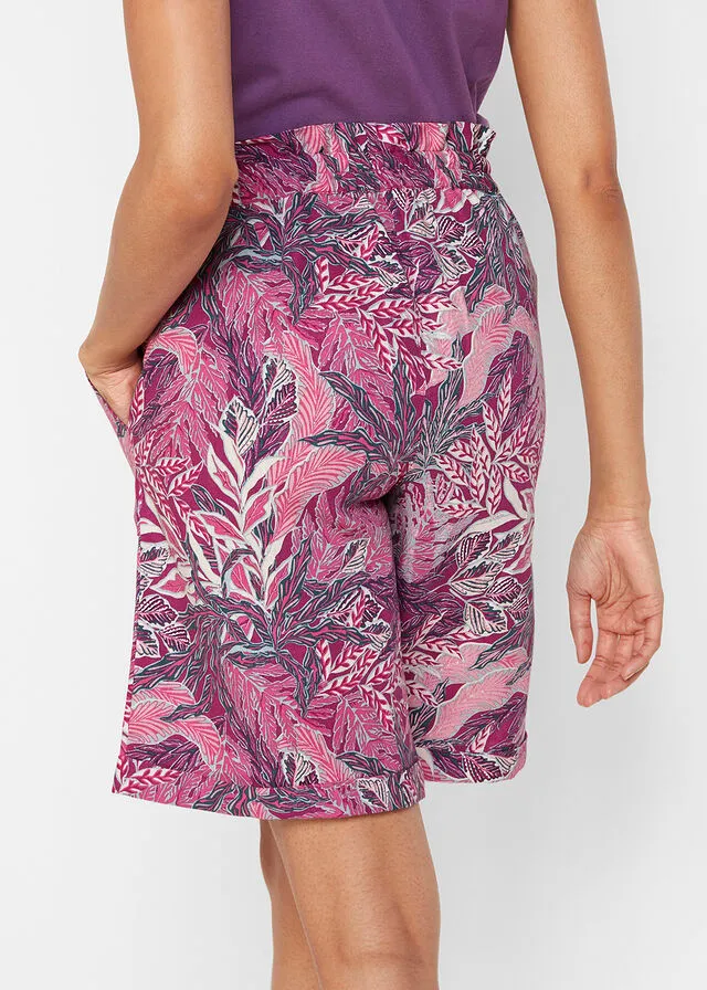 Holgadas bermudas estampadas con lino Orquídea púrpura estampado
