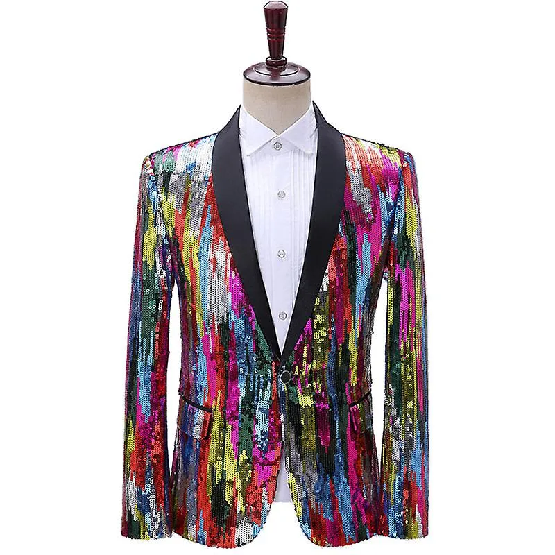 Hombre colorido de lentejuelas Blazer Shawl Collar Slim Fit Performance Suit Jacket