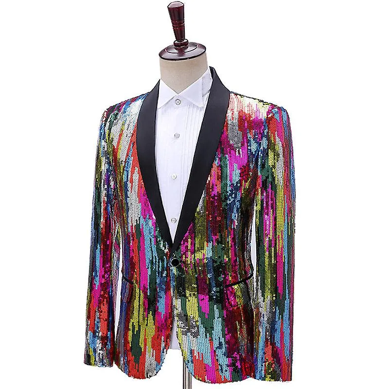 Hombre colorido de lentejuelas Blazer Shawl Collar Slim Fit Performance Suit Jacket