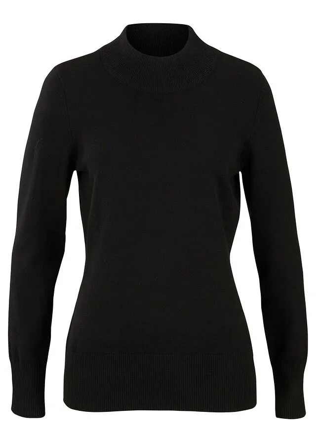 Jersey básico de punto fino con cuello alto y algodón reciclado Negro
