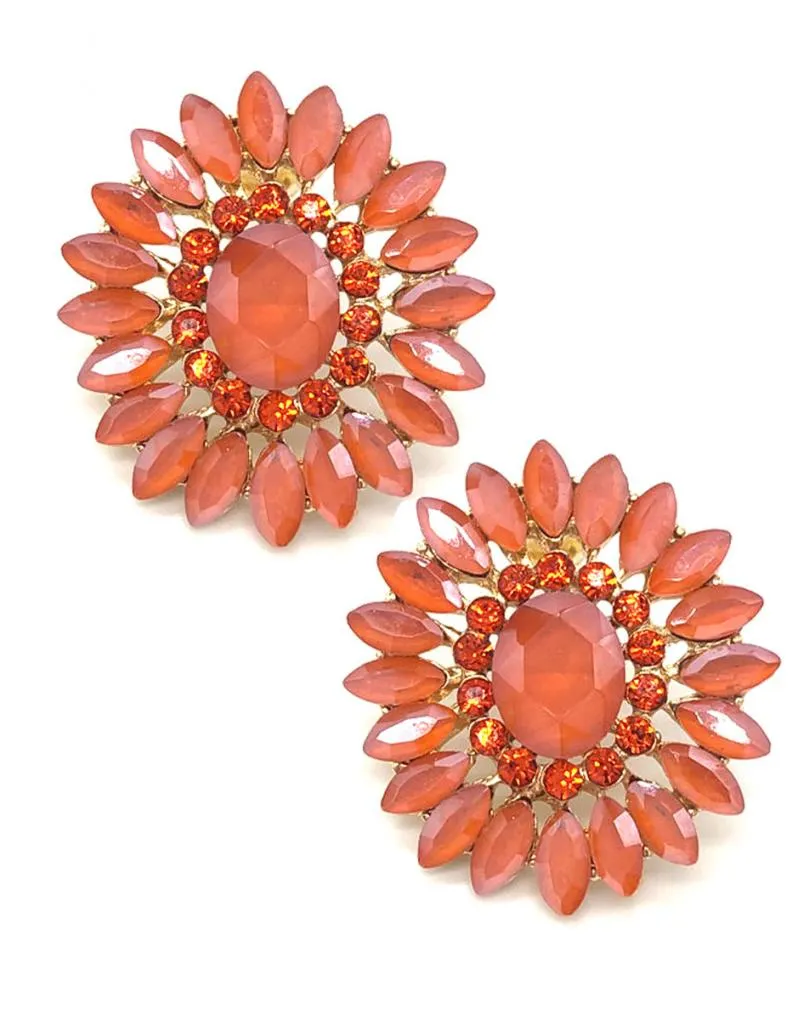PENDIENTES NARANJAS CORTOS PARA BODAS  ROSETON EN CRISTAL