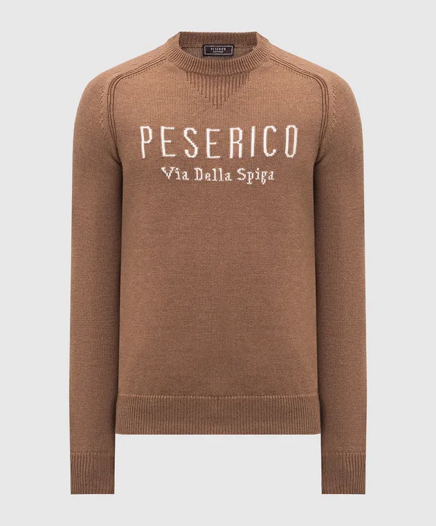 Peserico Brown wool sweater with contrasting logo pattern