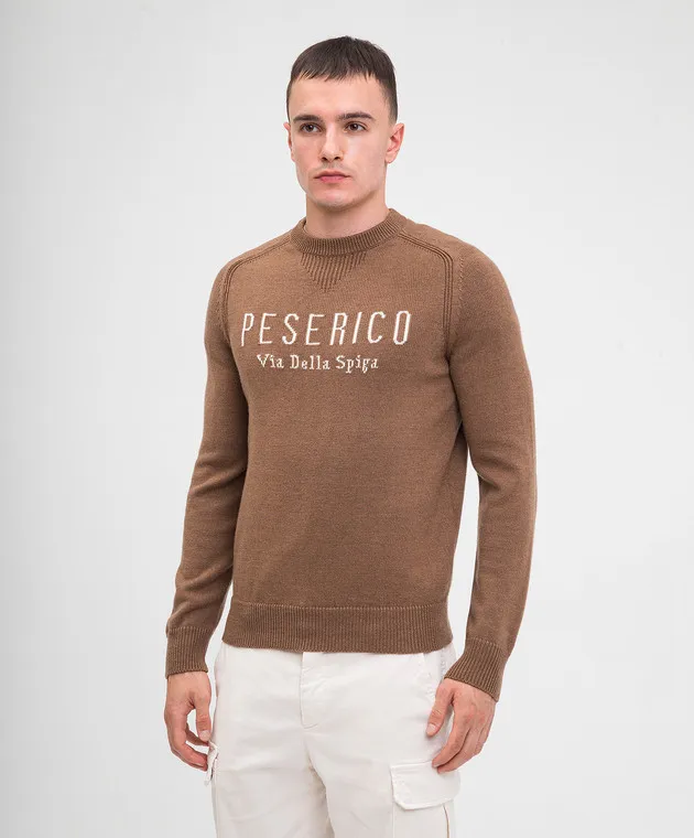 Peserico Brown wool sweater with contrasting logo pattern