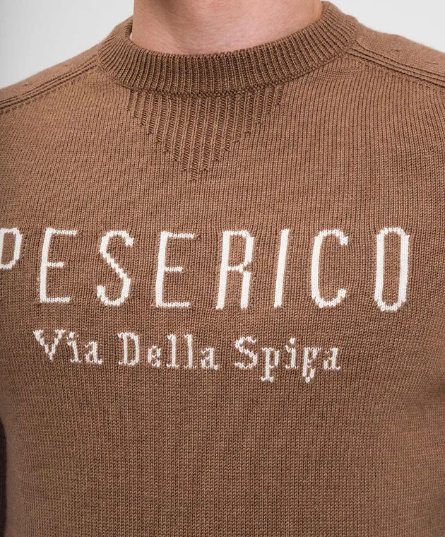 Peserico Brown wool sweater with contrasting logo pattern