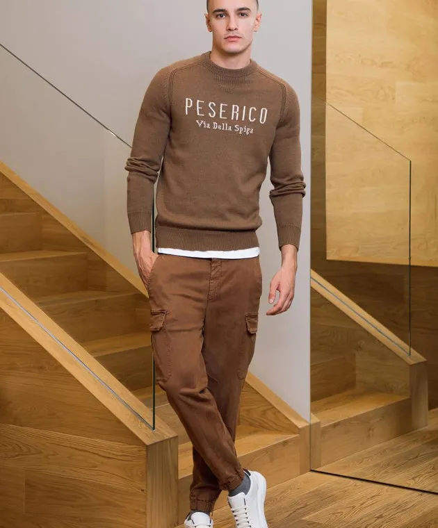 Peserico Brown wool sweater with contrasting logo pattern