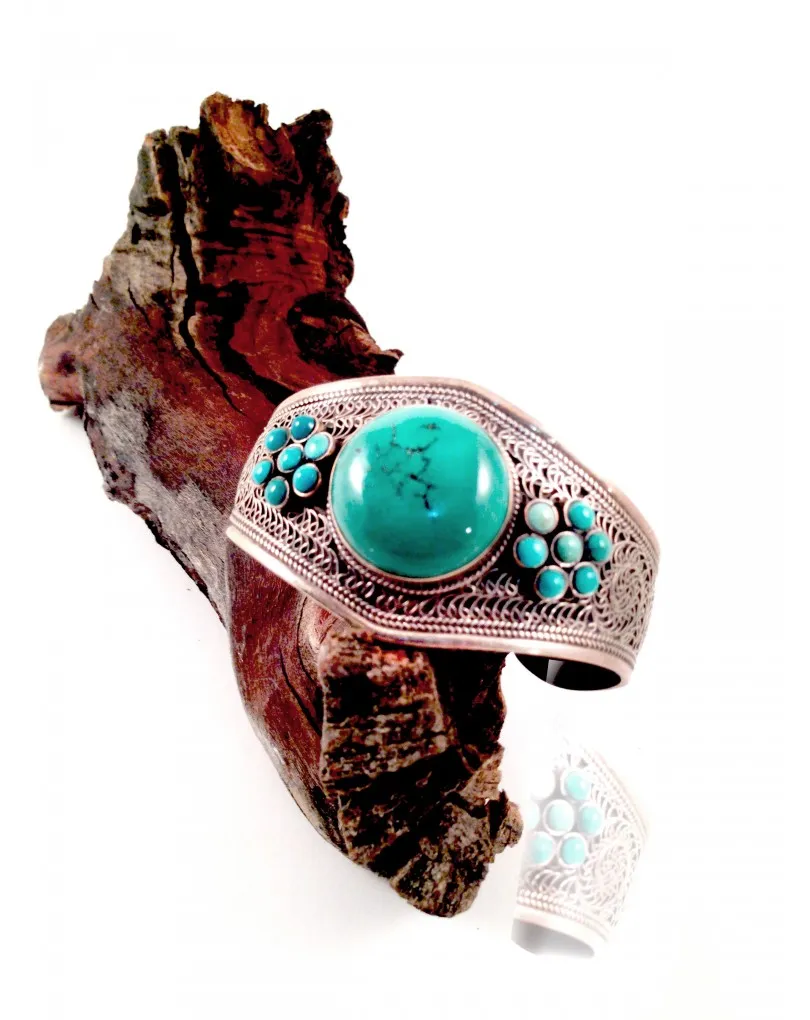 PULSERA PLATA MUJER RIG TURQUESA FLORES LATERALES