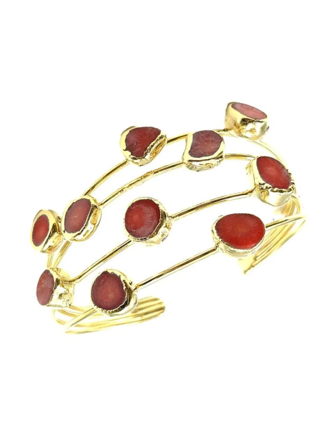 PULSERAS ONLINE DORADAS Y ROJAS CORAL CON PIEDRA Y BAÑO DE ORO