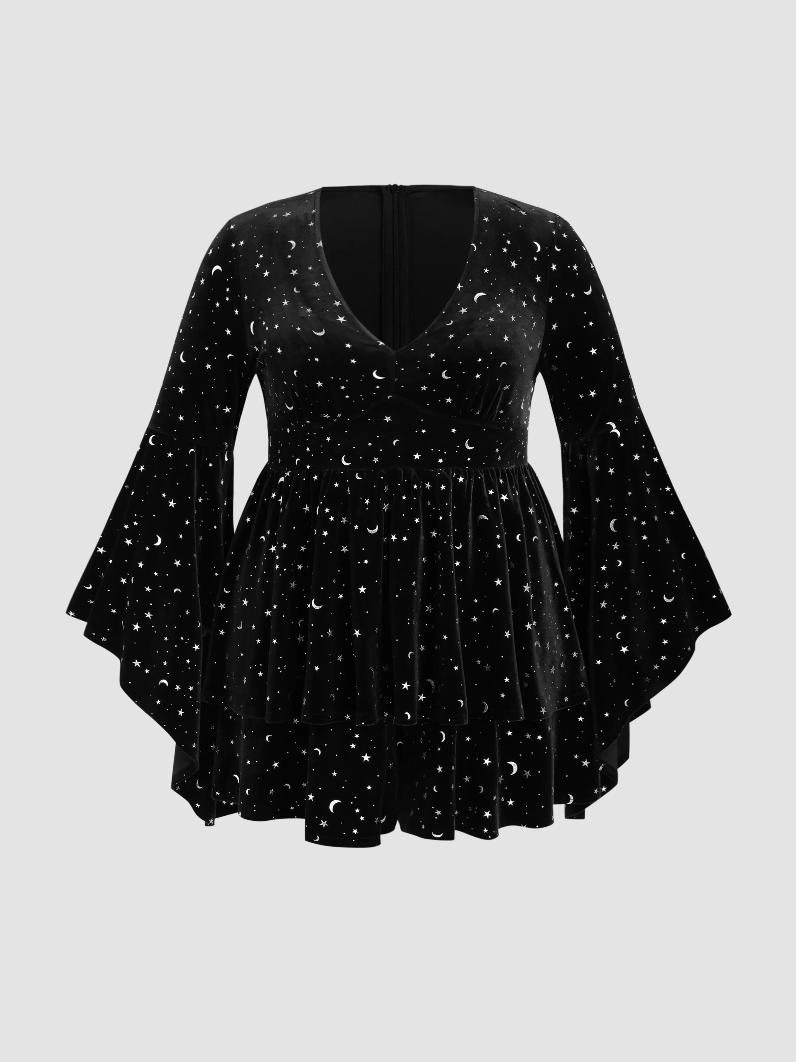  Romper de Terciopelo con Cuello en V y Patrón de Estrella y Luna con Mangas de Campana Curvy