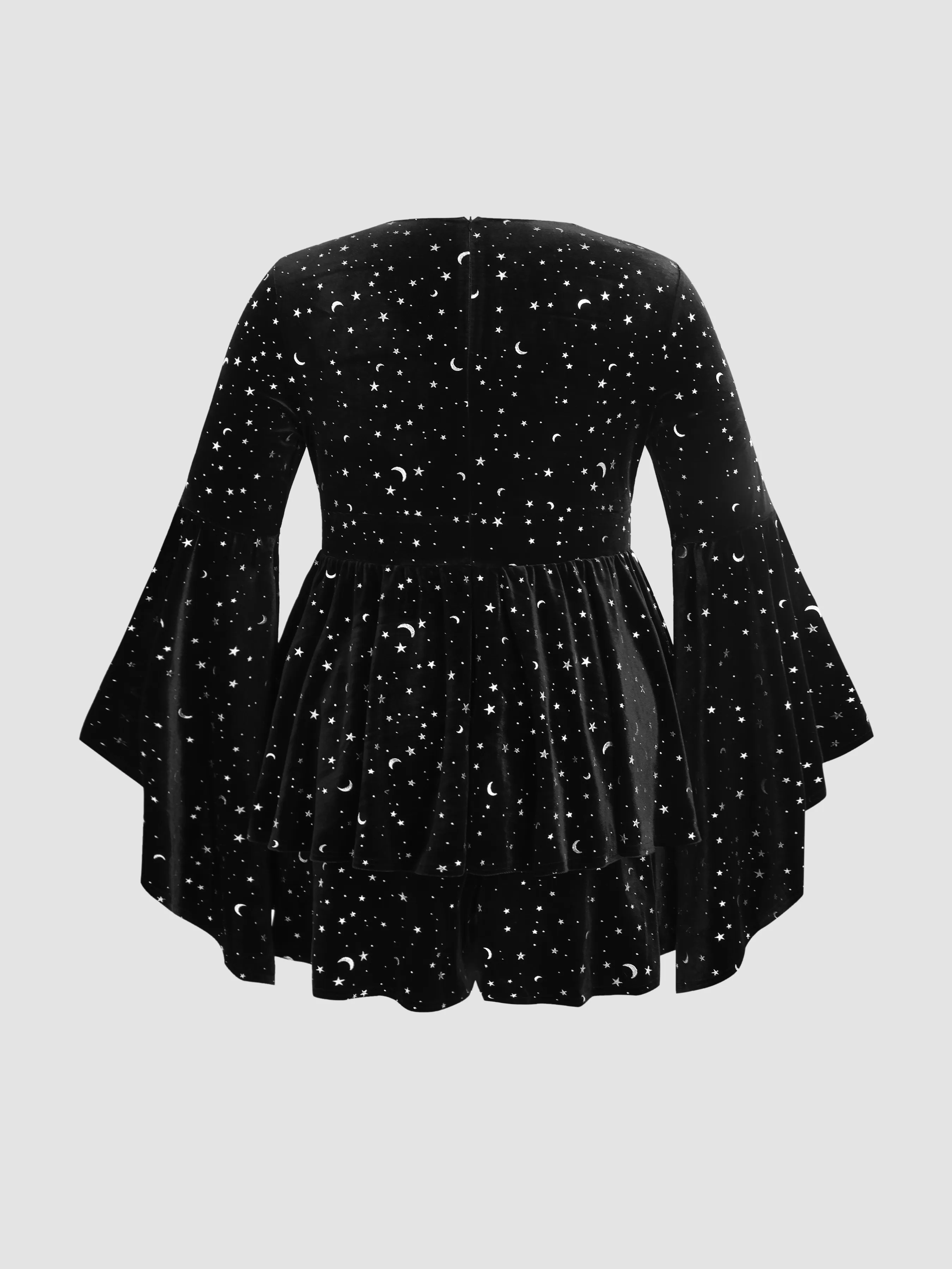  Romper de Terciopelo con Cuello en V y Patrón de Estrella y Luna con Mangas de Campana Curvy