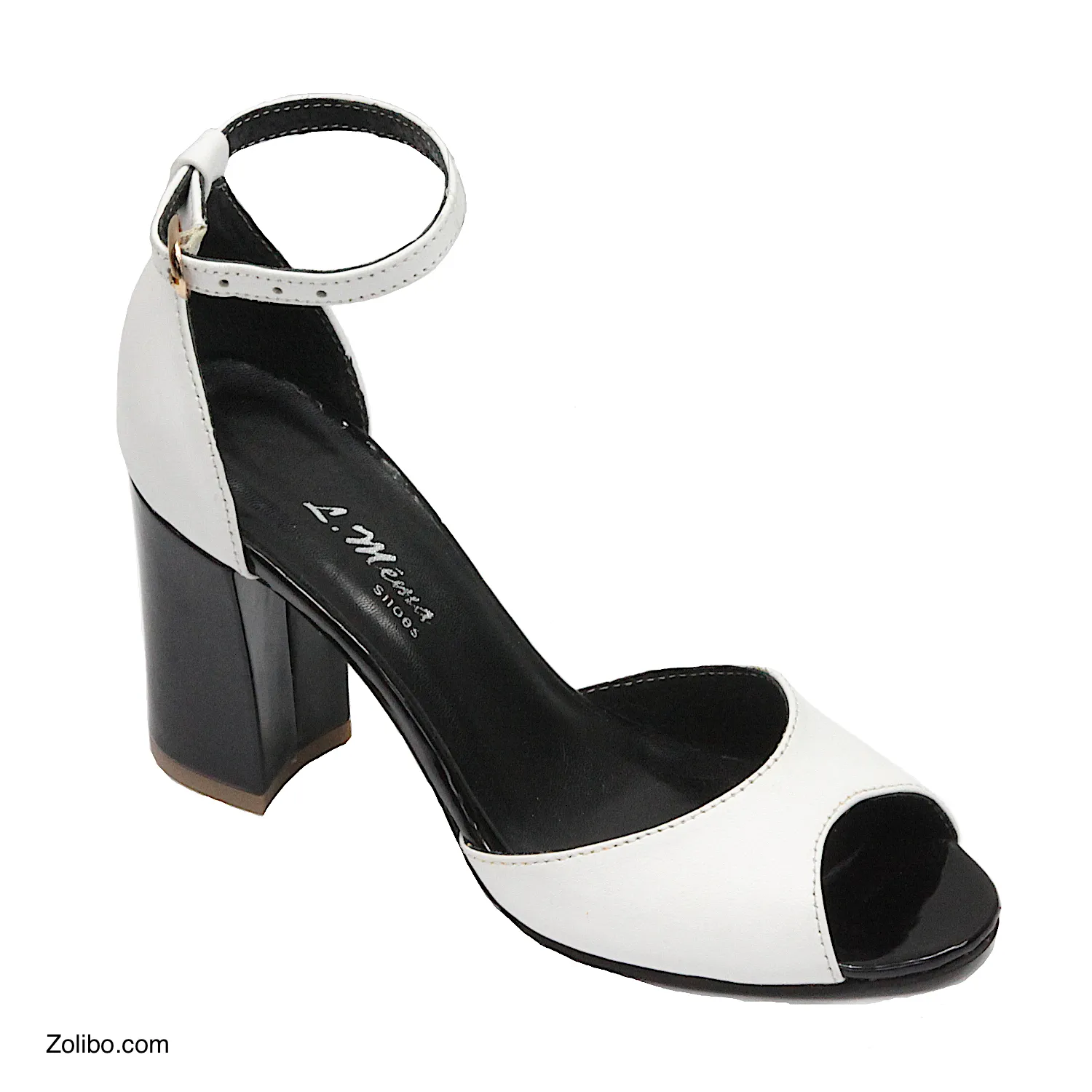 Sandalia mujer blanca tacón cuadrado negro
