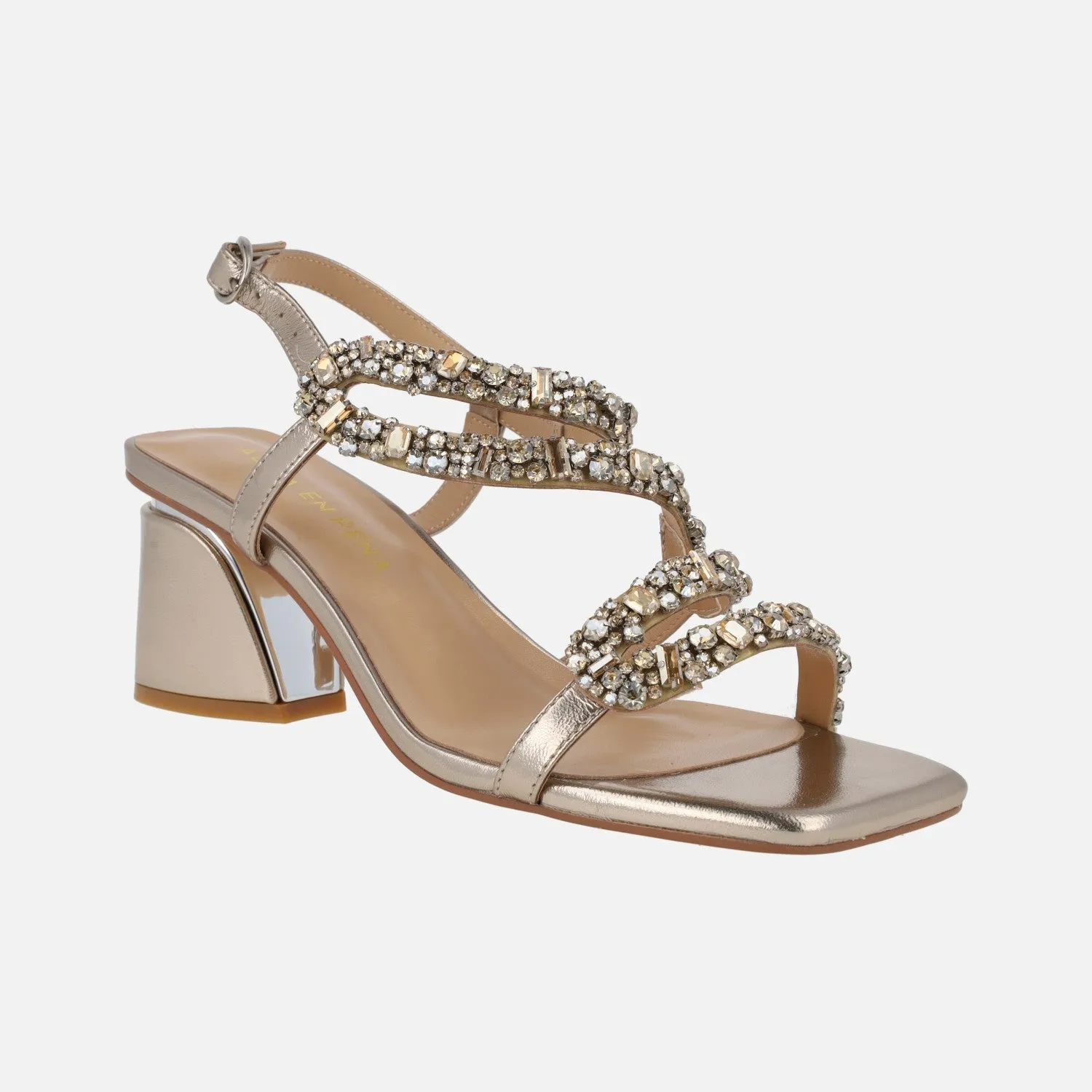 Sandalias de tacón en metalizado bronce con detalle de pedrería