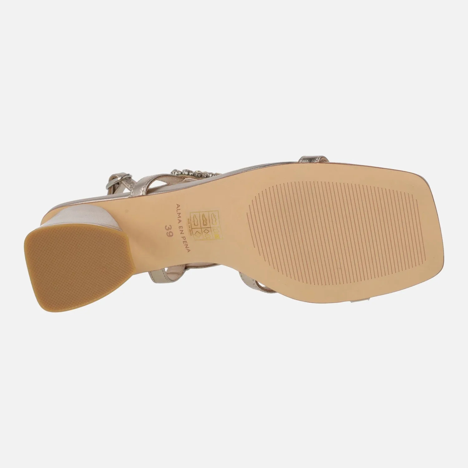 Sandalias de tacón en metalizado bronce con detalle de pedrería