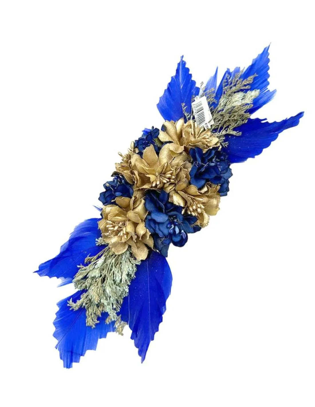 TOCADOS AZULONES Y DORADOS CON PLUMAS Y FLORES SECAS Y DE TELA PARA BODAS