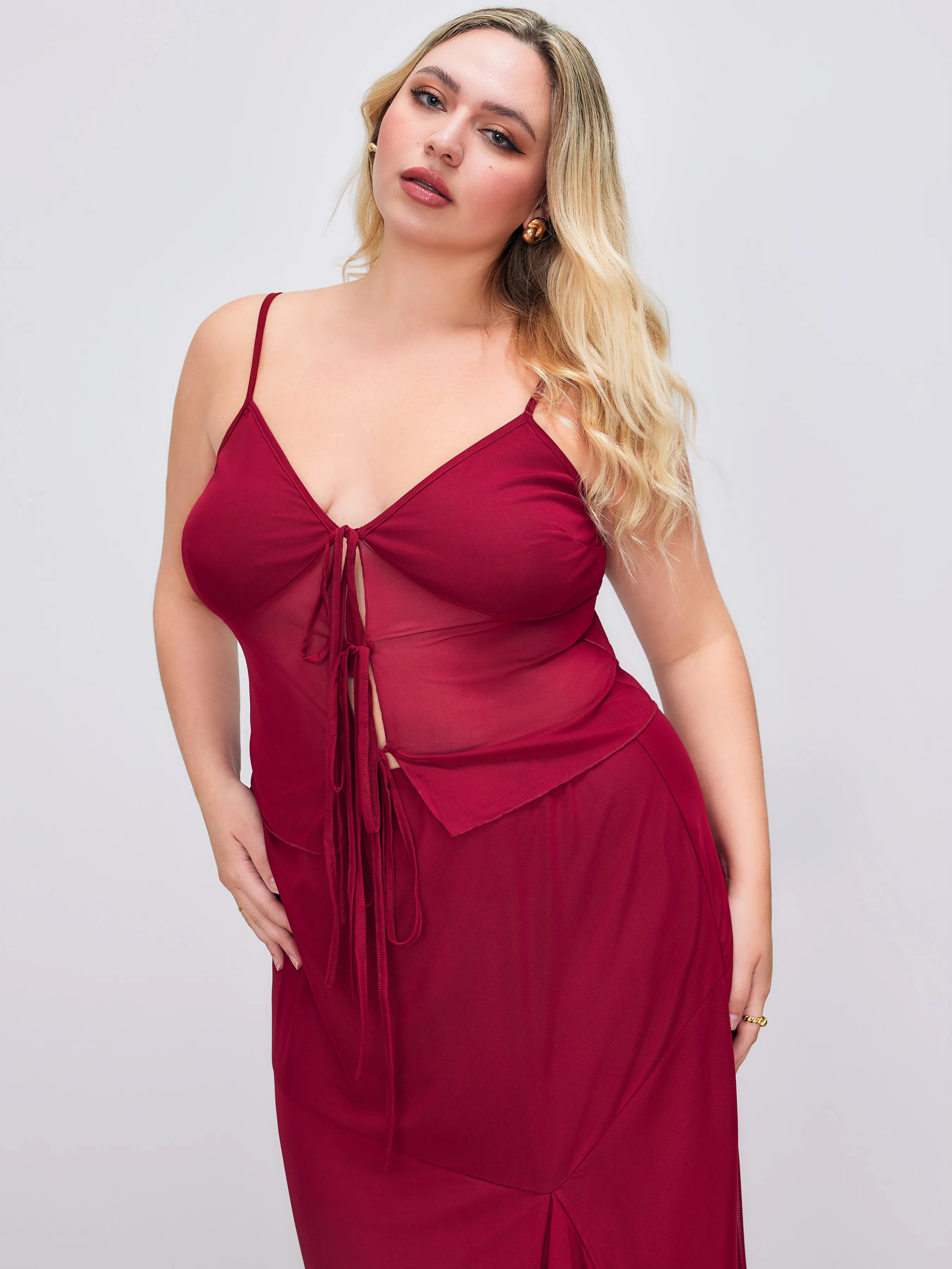  Top de Malla con Escote Corazón & Falda Maxi con Abertura Curvy