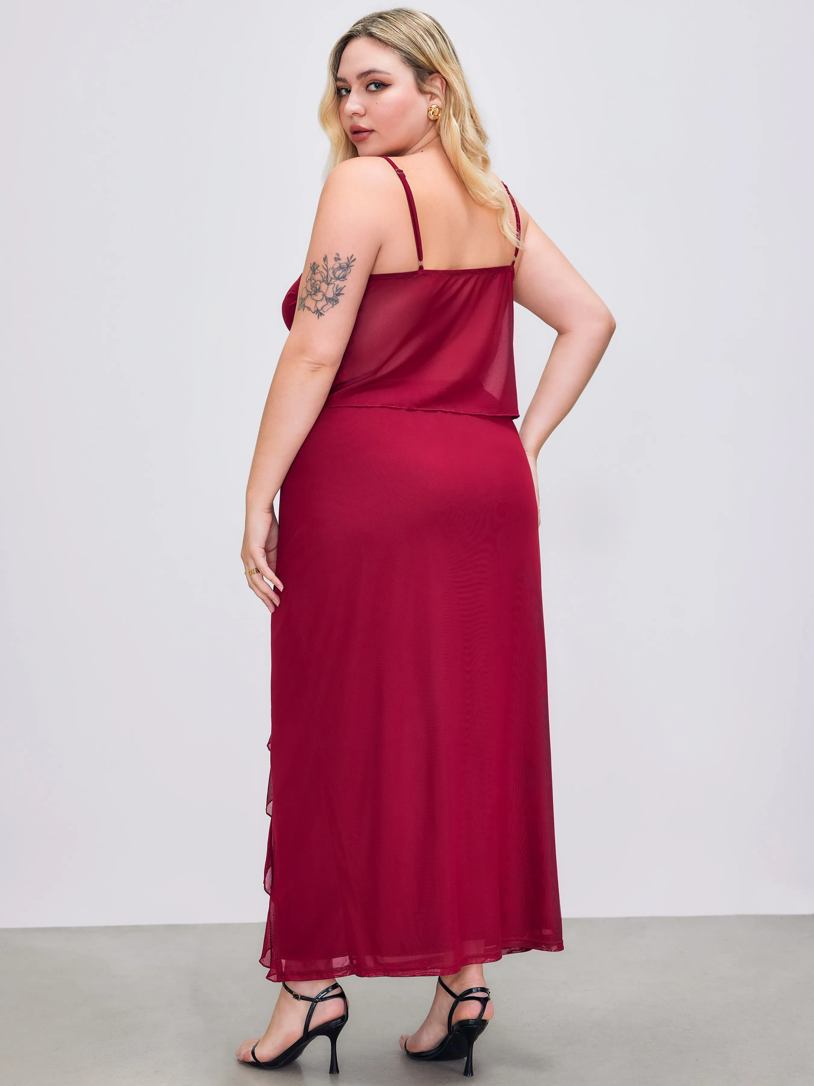  Top de Malla con Escote Corazón & Falda Maxi con Abertura Curvy