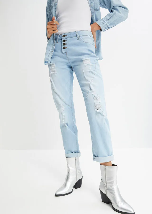 Vaqueros estilo boyfriend desgastados con poliéster reciclado Azul vaquero claro