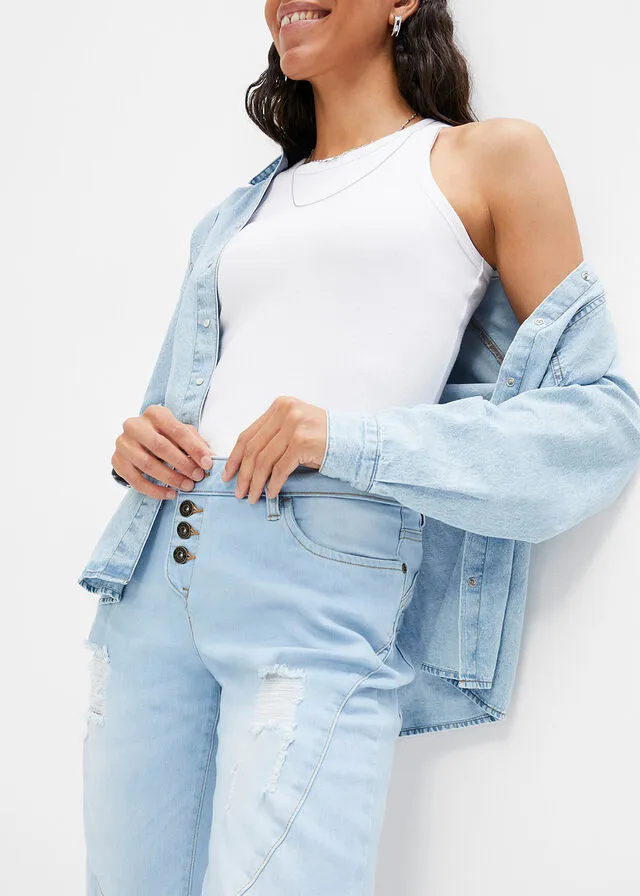 Vaqueros estilo boyfriend desgastados con poliéster reciclado Azul vaquero claro