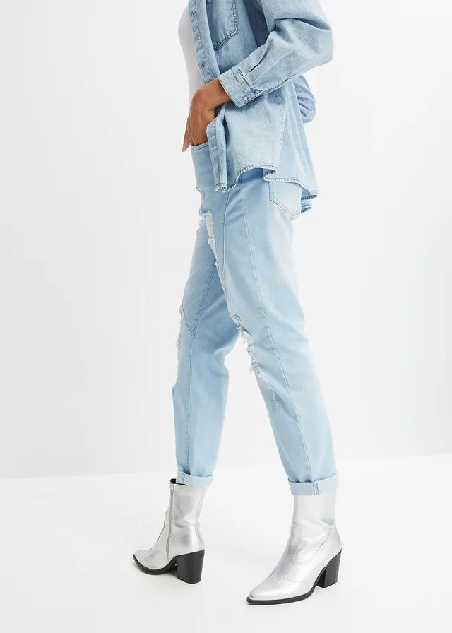 Vaqueros estilo boyfriend desgastados con poliéster reciclado Azul vaquero claro